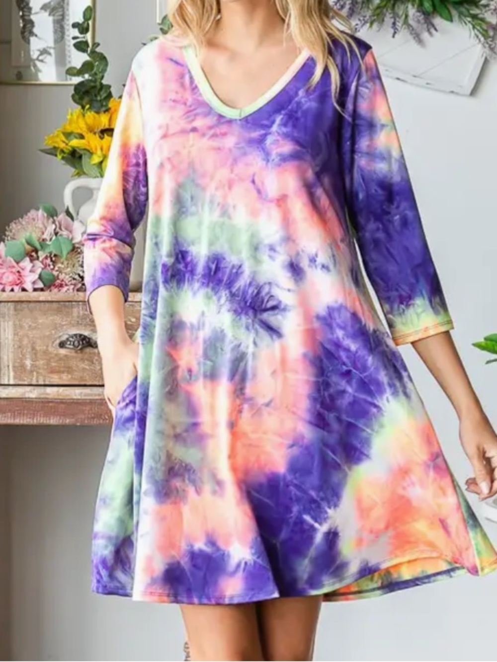 Tie-Dye V-Neck Dress in Purple & Peach